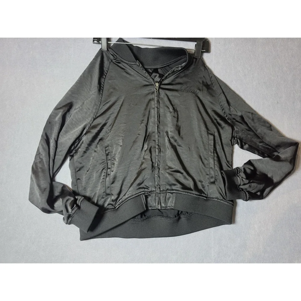 Vans Bomber Jacket Womens Medium Blac Satin Full Zip Embroidered Logo Streetwear